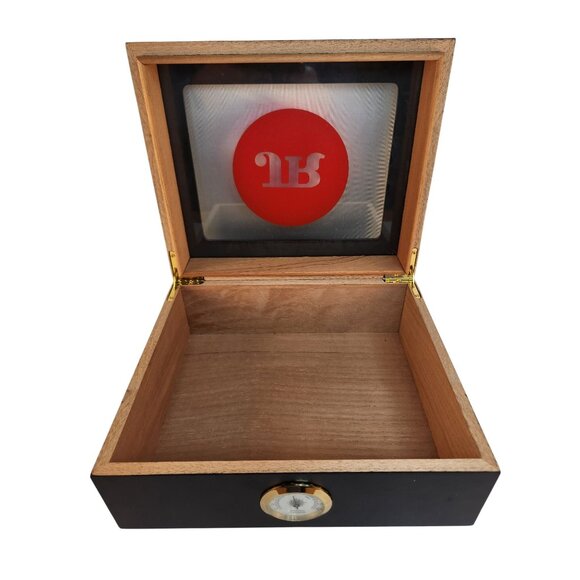 Black Wooden Cigar Humidor With Glass Top & Analog Hygrometer 10x9x4.5 Inches - Picture 2 of 11